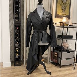 Asymmetric Faux Leather Ruffle Trench